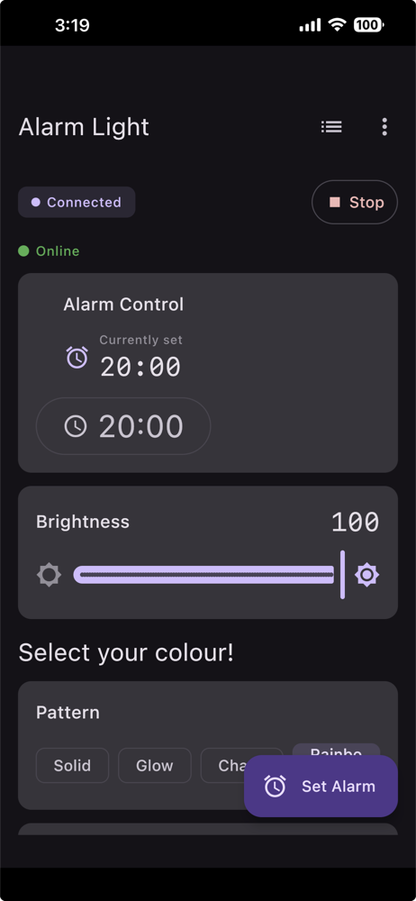The Lumi companion app: the device shown Connected and Online, with alarm time, brightness, colour and pattern controls.